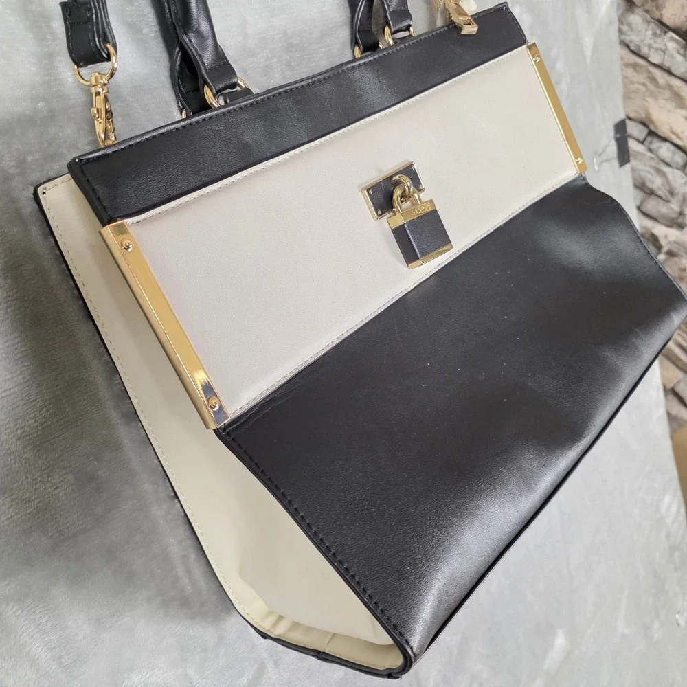 ALDO Harondan Colorblock Tote Bag Cream Black Padlock Strap‎ Gold Accents Fair